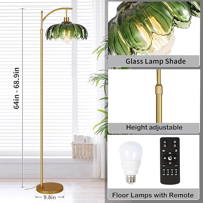 Glass Floor Lamp for Living Room,Bedroom,Gold Dimmable Standing Lamp with Remote,Mid Century Modern Brass Tall Lamp Boho Vintage Retro Floor Lamps Arc Green Flower Floor Light Lamp Bohemian