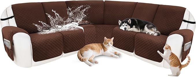 Reclining Sectional Couch Covers 100% Waterproof Velvet L Shape Recliner Sofa Cover for Dogs Pets Washable Anti Slip Recliner Slipcovers with Pockets (5 Seat Sofa with 1 Console, Dark Coffee)