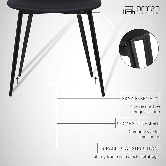 Armen Living Monte Mid Century Modern Dining Accent Chair for Table Kitchen Desk Vanity in Black Faux Leather with Black Metal Legs