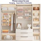 SWTYMIKI Hanging Closet Organizer Storage - 4 Tier Metal Stackable Hanging Closet Shelves with Dividers and S Hooks, Foldable Clothes Shelves for Clothes, Pants, Shoes, Coat, Hats Clutches Accessories