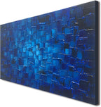 MyArton Textured Abstract Squares Canvas Wall Art Hand Painted Modern Dark Blue Oil Painting Picture for Home Decoration Ready to Hang 40x20inch