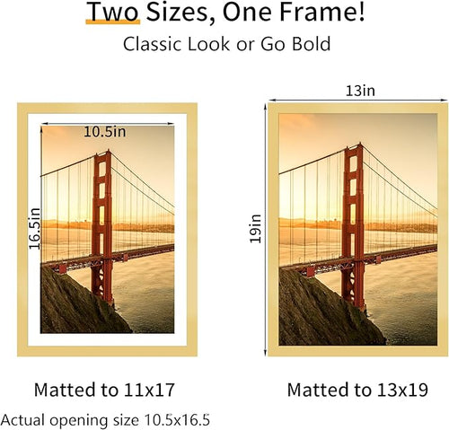 13x19 Picture Frame 3 Pack - Gold Poster Frame Display Pictures 11x17 with Mat or 13 x 19 Without Mat for Wall Hanging Horizontal and Vertical