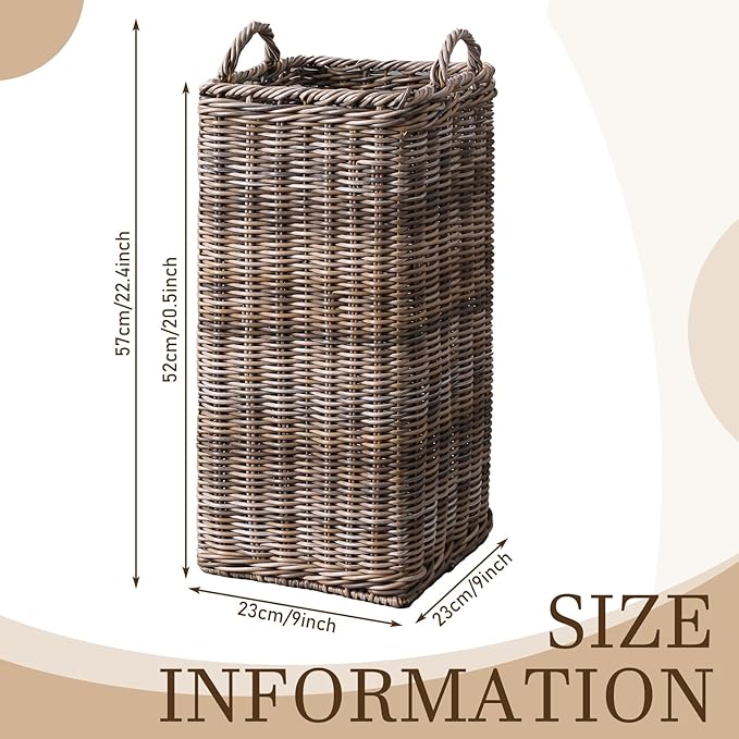 Rattan Umbrella Holder for Entryway 20.5h x 9l x 9w Inch Square Umbrella Stand with Plastic Water Catch, Umbrellas Basket Bucket Fit Walking Cane Tall Umbrellas Storage for Home Office