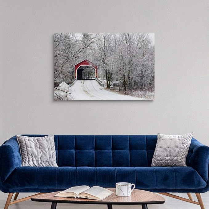 CANVAS ON DEMAND Red Covered Bridge in the Winter; Adamsville Quebec Canada Canvas Wall Art Print by David Chapman, Home Decor, Frost, Winter Artwork, 48"x32"