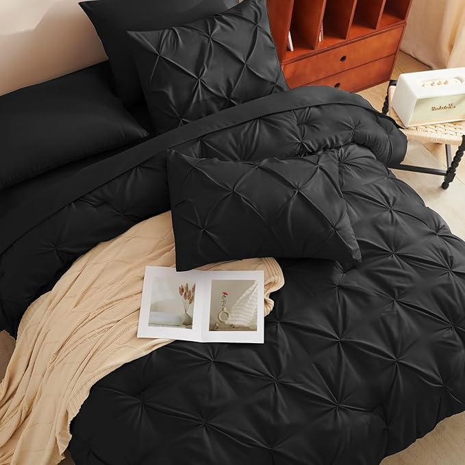 CozyLux Twin XL Comforter Set Black, 5 Pieces Twin Extra Long Pintuck Bed in A Bag for College Dorm, Pinch Pleat Bedding Set with Comforter, Sheets, Pillowcase & Sham