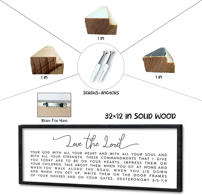 Surfapans Bible Verse Wall Decor Love The Lord Your God sign 32"×12" Christian Scripture Faith Deuteronomy 6:5-7,9 Religious Baptism Large Family Plaque Horizontal Wood Framed Hanging Art (Black)