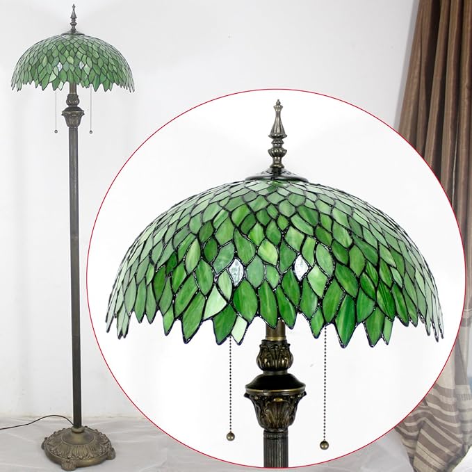 WERFACTORY Tiffany Floor Lamp Green Wisteria Stained Glass Standing Reading Light 16X16X64 Inches Antique Style Pole Corner Lamp Decor Bedroom Living Room Home Office S523 Series