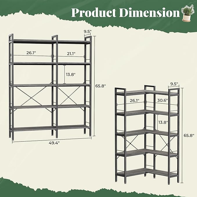 Huuger 5 Tier Bookshelf, L Shaped Corner Bookshelf with 10 Open Shelves, 49.4 Inch Straight Wide Bookcase with Metal Frame and Wooden Board, Adjustable Feet, Grey