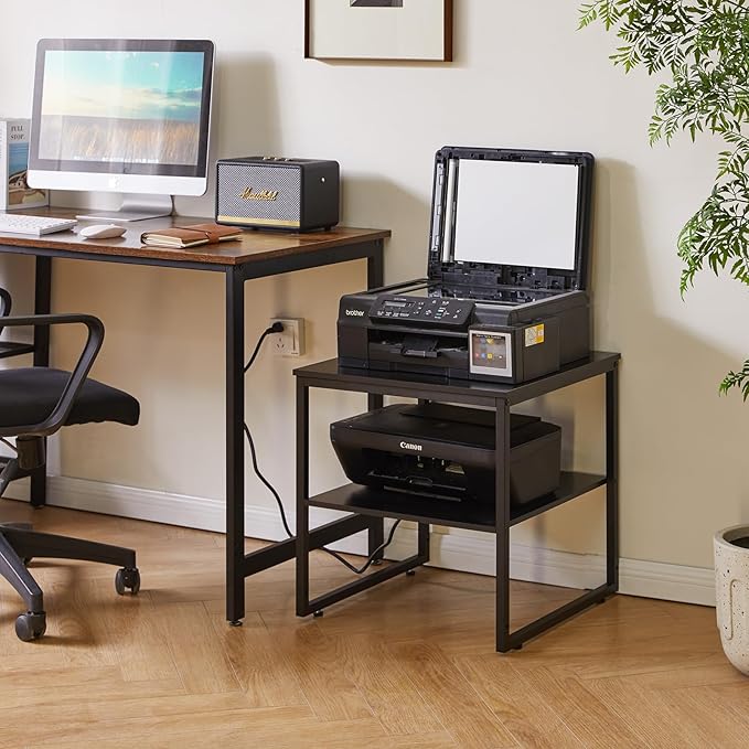 Adjustable 20-inch Side Table with Charging Station and USB Port, Dormitory Refrigerator Shelf, Square Coffee Table, Large Printer Stand, Black YD-TM153BD