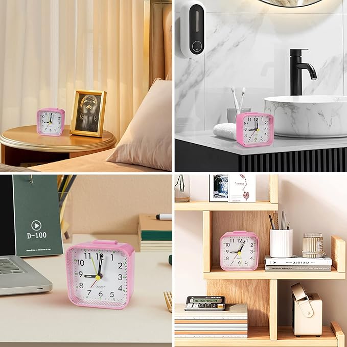 Small Pink Kids Desk Alarm Clock, Analog Travel Battery Operated Clock,Quieter Bedside Clocks for Girls' Bedrooms Bathroom Living Room Kitchen Shelf Clocks