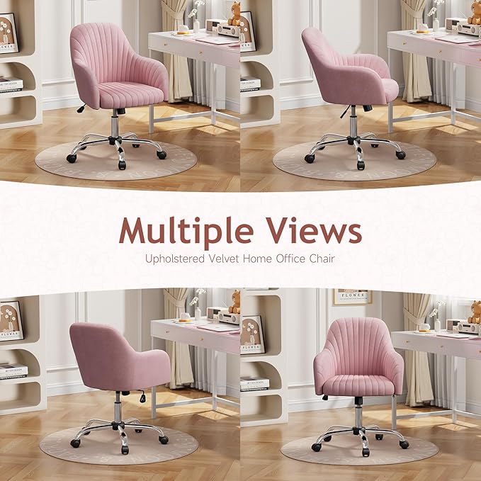 Warmiehomy Desk Chair, Velvet Office Chair for Home Office, Comfy Vanity Chair, Girl Cute Makeup Chair with Arm Rest for Bedroom Dressing Room, Pink