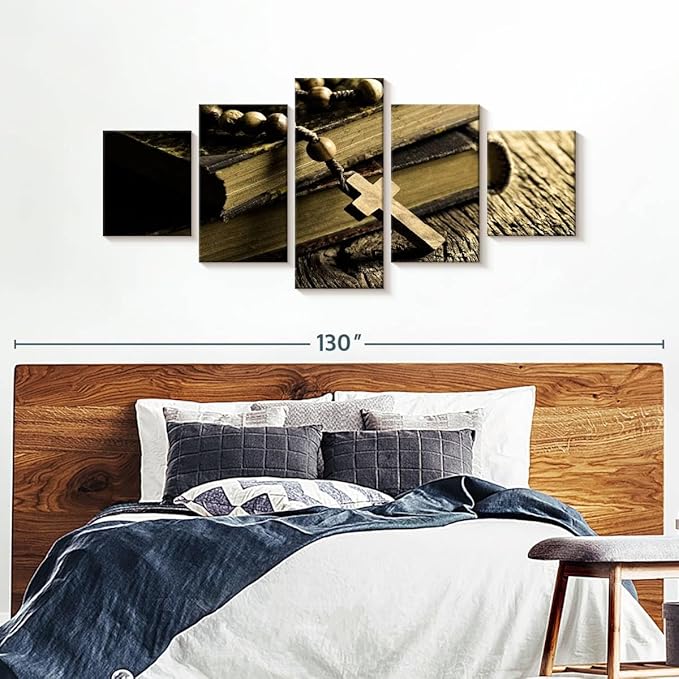 Elephant Stock Bible And Cross Wall Art Multi Piece Canvas - 5 Panel Christian Pictures Decor - Digital Design Canvas Print - Christian Wall Decor - 92" X 42"