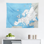 Ambesonne Europe Tapestry, Detailed Map of the European Continent with Borders Rivers and Seas, Fabric Wall Hanging Decor for Bedroom Living Room Dorm, 28" X 23", Sky Blue Coconut and White