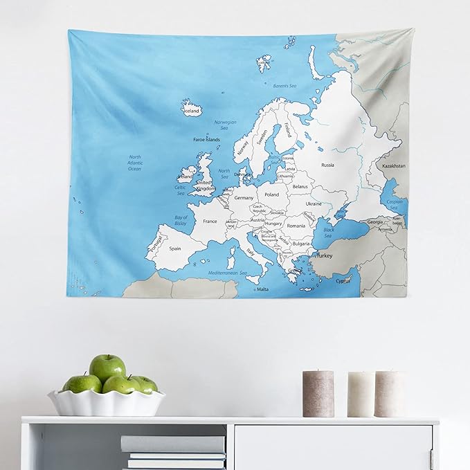 Ambesonne Europe Tapestry, Detailed Map of the European Continent with Borders Rivers and Seas, Fabric Wall Hanging Decor for Bedroom Living Room Dorm, 28" X 23", Sky Blue Coconut and White
