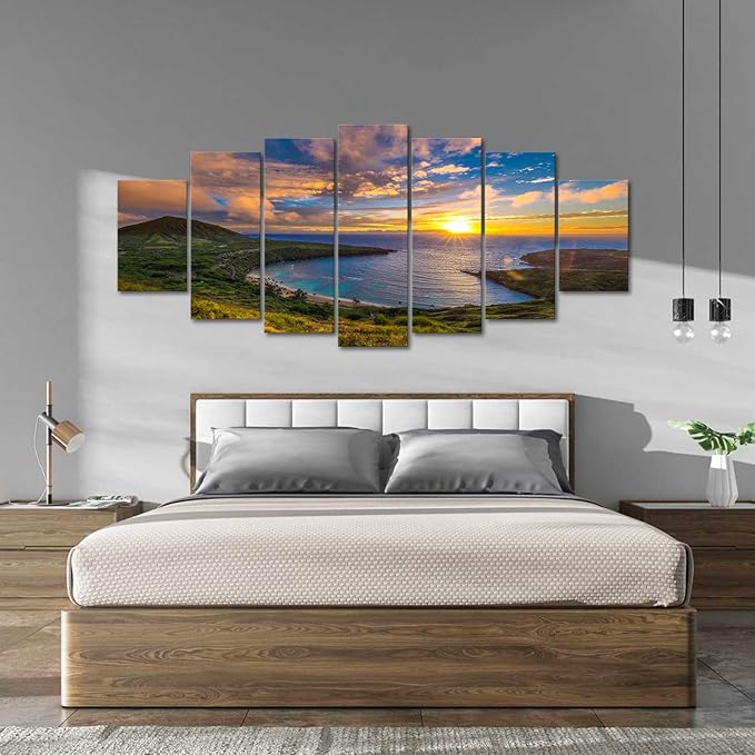 iKNOW FOTO XLarge Canvas Set of 7 Wall Art Wall Decorations Sunrise from Hanauma Bay On Oahu, Hawaii Landscape Printed Paintings for Living Room Framed Ready to Hang 70x32 Inches