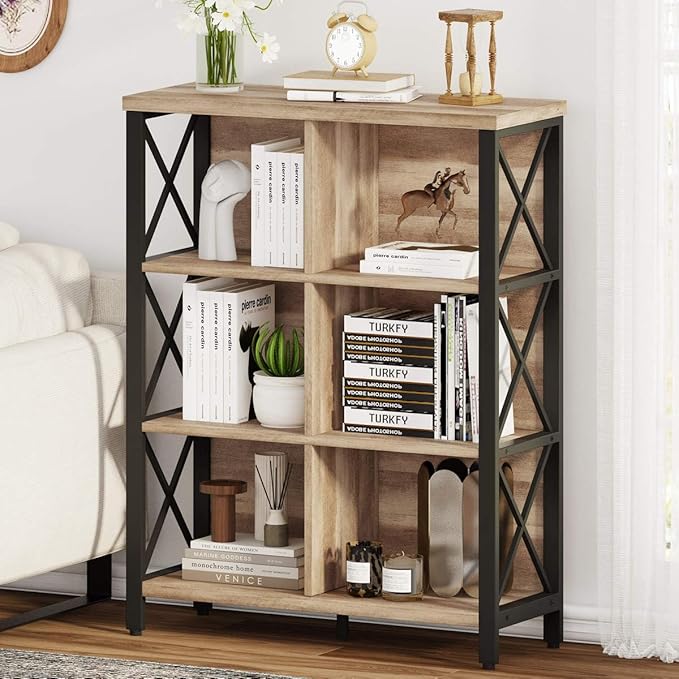 FATORRI Bookcase, 6 Cube Storage Organizer Shelf, Wood and Metal Cubby Book Shelf, Industrial 4 Tier Cube Bookshelf (Rustic Oak)