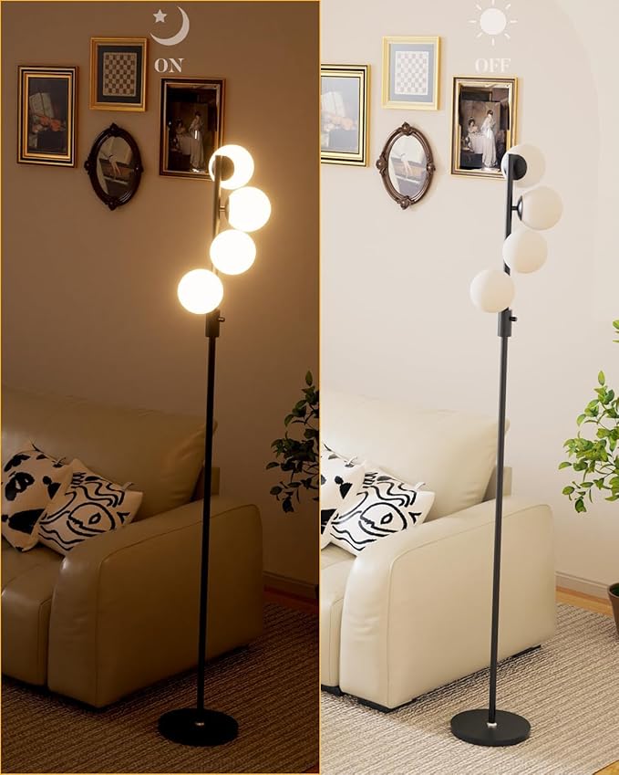 Black Globe Floor Lamp Dimmable 64IN Tall Standing Lamps with Soft Warm White Eye Care 3000K G9 Bulbs, Mid Century Modern Floor Lamp for Living Room Bedroom