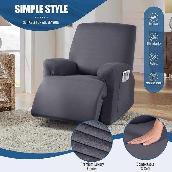 TAOCOCO Recliner Chair Covers 4-Pieces for Oversized Recliner, Stretch Recliner Slipcover for Large Recliners Washable Polyester Soft Fabric Furniture Protector (Oversized Recliner, Dark Gray)