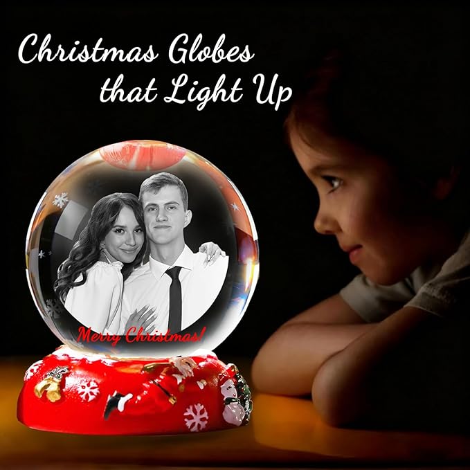 Personalized Christmas Crystal Ball with Light Customized Photo Snow Globe with Engraving Text Custom Ornaments Gifts for Family Couples Friends (Christmas Base)