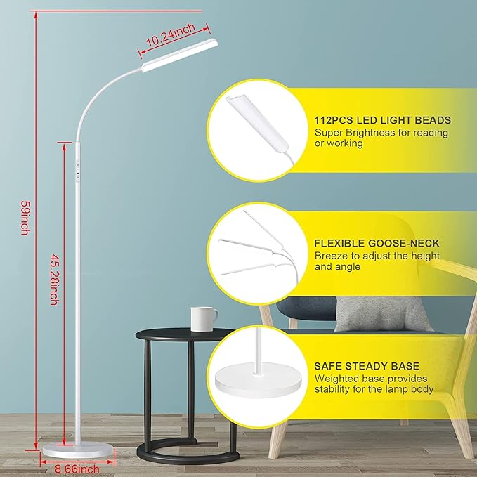 Dimunt Floor Lamp, Bright 15W Floor Lamps for Living Room with 1H Timer, Dimmable LED Floor Lamp 3000K-6000K & Tall Standing Lamp with Remote & Touch Control Reading Floor Lamps for Bedroom-White
