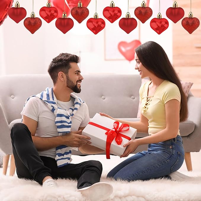 Valentines Day Heart Ornaments, 24Pcs Hanging Heart Ornaments, Glitter Red Heart-Shaped Baubles for Outdoor Wedding Anniversary Mother's Day Romantic Galentines Valentines Day Party Decoration