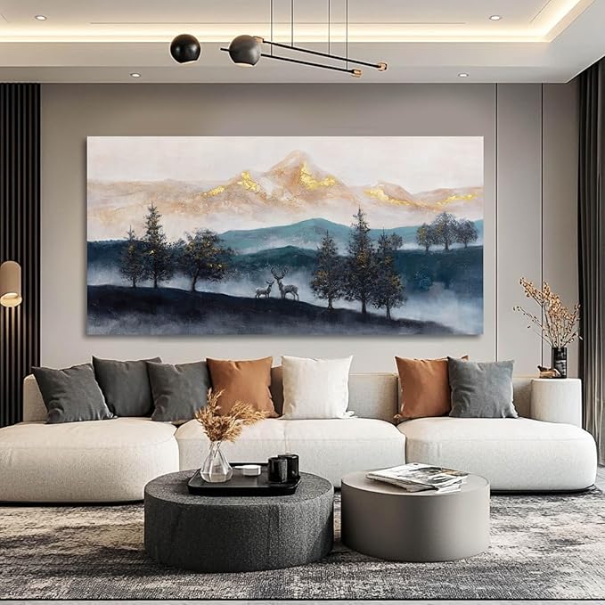 GAIDUOMAI Nature Wall Decorations For Living Room Navy Blue Mountain Tree Panting Gold Foil Artwork Modern Wall Prints for Dining Room Office 29"x58"