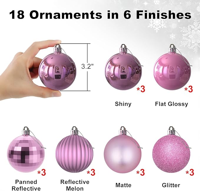 Bubblegun Pink 3.2" Large Christmas Balls - Christmas Tree Decoration Ornaments Shatterproof Hanging Balls for Birthday Halloween Holiday Wedding Decorations Set of 18pcs