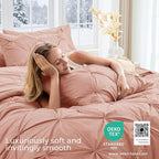 Sasttie California King Comforter Set, 7-Piece Bed in a Bag Cal King, Pintuck Bedding Set for All Season, Includes Comforter, Flat Sheet, Fitted Sheet, Pillowcases and Pillowshams, Blush