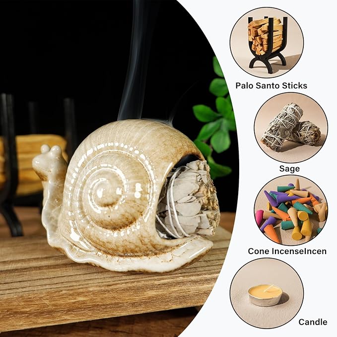 Handmade Ceramic Snail Palo Santo Holder & Mini Chiminea Incense Dish- Elegant Cone Burner for Palo Santo Sticks & Sage-Perfect for Energy Cleansing, Yoga, Meditation, Zen, Altar, Aromatherapy