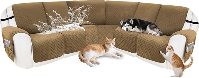 Reclining Sectional Couch Covers 100% Waterproof Velvet L Shape Recliner Couch Covers for Sofa Pets Washable Anti Slip Recliner Slipcovers with Pockets (5 Seat Sofa with 1 Console, Light Tan)