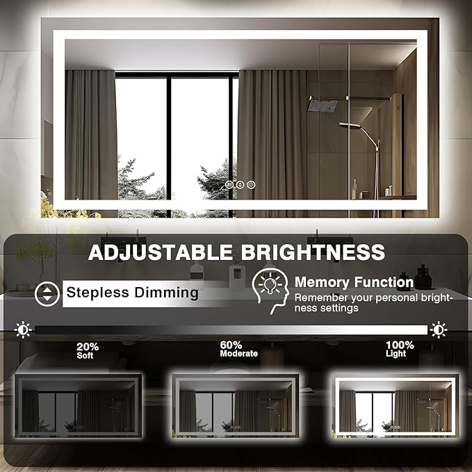 60"x28" LED Bathroom Mirrors for Wall, Front and Backlit Mirror, Anti-Fog Vanity Mirror with Lights, Stepless 3 Colors Dimmable Smart Lighted Mirror(Horizontal/Vertical)