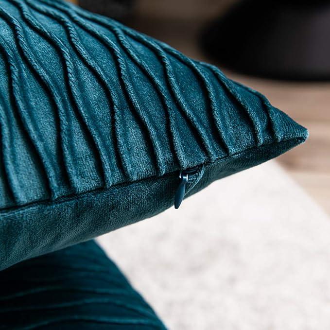 16x16 Teal Throw Pillow Cases: 2 Pack Original Striped Velvet Square Decorative Pillow Covers for Farmhouse Couch