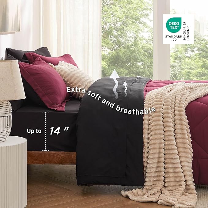 Bedsure King Size Comforter Set - 7 Pieces Reversible Burgundy and Black Bedding, King Size Bed Set for All Seasons, Bed in a Bag with Down Alternative Comforter, Sheets, Pillowcases & Shams