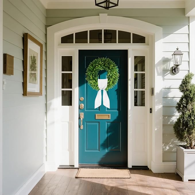20''Boxwood Wreaths for Front Door,Artificial Spring Summer Wreath,Boxwood Wreaths with Sash,All Seasons Wreath for Farmhouse,Wedding,St Patrick's Day Decoration,Indoor & Outdoor
