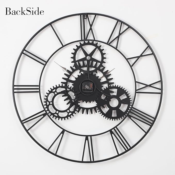 Steampunk Wall Clock 24 Inch, Industrial Metal Gears with Roman Numerals, Retro Distressed Finish Mechanical Art for Bar, Living Room, Cafe Decor