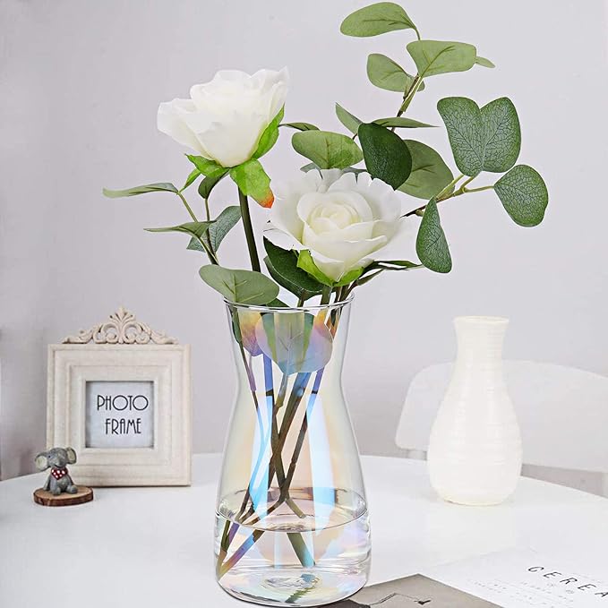 8 inch Iridescent Glass Flower Vases for Centerpiece Table Home Indoor Desk Decor,Ins Modern Boho Style Vase for Wedding Housewarming Gift