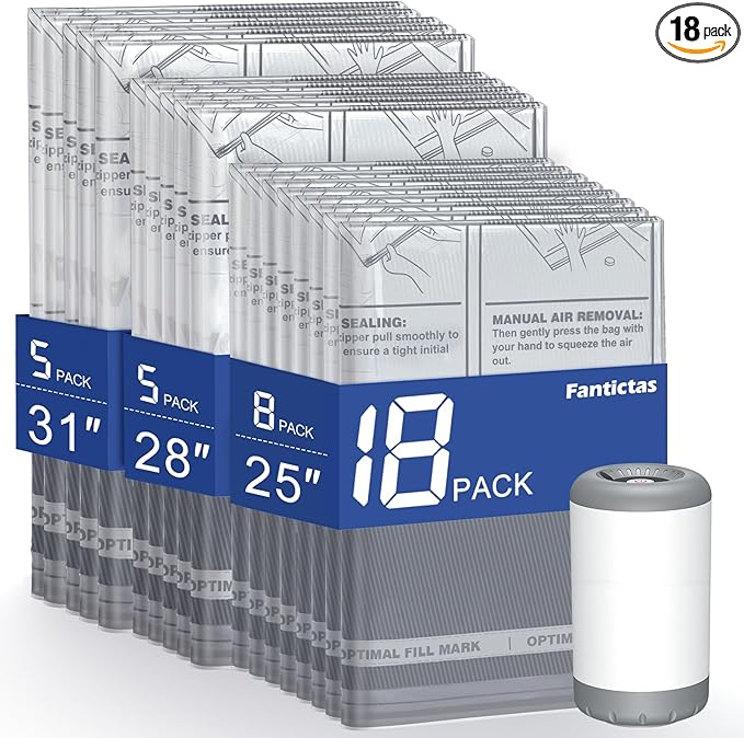 Travel Vacuum Storage Bags with Rechargeable Air Pump, 18 Pack Portable Space Saver Bags, Compression Bags for Clothing, Bedding, Seasonal Storage & Packing Bags for Moving