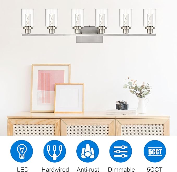 MELUCEE 6-Light LED Bathroom Vanity Light, Modern Brushed Nickel Bathroom Light Bar with Crystal Bubble Clear Glass Shade, Dimmable Bathroom Wall Sconce Lamp 3000K-6000K, Built-in LED Chips
