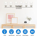 MELUCEE 6-Light LED Bathroom Vanity Light, Modern Brushed Nickel Bathroom Light Bar with Crystal Bubble Clear Glass Shade, Dimmable Bathroom Wall Sconce Lamp 3000K-6000K, Built-in LED Chips