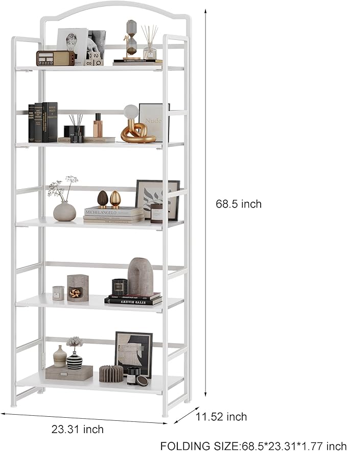 JSB No Assembly Folding Bookshelf, 5 Tier Book Shelf for Storage, Vintage Wood Foldable Bookcase for Living Room, Bedroom, Office Organization Shelves