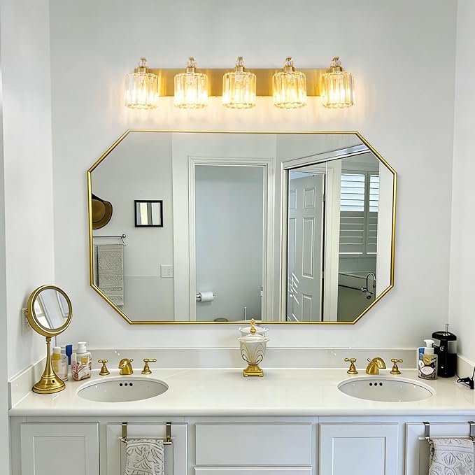 5-Lights Brushed Brass Bathroom Light Fixture Gold Vanity Lights Modern Crystal Bathroom Vanity Lighting Over Mirror Wall Sconce with K9 Crystal Shade E26 Base for Living Room, Bedroom Wall Lamp