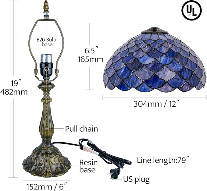 Tiffany Style Table Lamp Vintage Stained Glass Desk Lamp Deep Blue Purple Fish Scales Bedside Reading Light Decor Bedroom Living Room Home Office D12 xH18