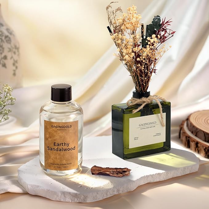 Earthy Sandalwood Scented Reed Diffuser Oil Refill with 10 Sticks, 120 Days Long Lasting for Home, Elegant Fragrance for Bathroom Bedroom Office Decor Air Fresh, 6.7 fl oz / 200 ml