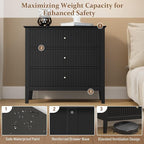Large Black Fluted 3 Drawer Dresser, Modern 30 Inch Tall Wood Side Unit with Ball Bearing Slides, Wide Accent Furniture with Spacious Compartments for Bedroom Hallway Living Room Entryway