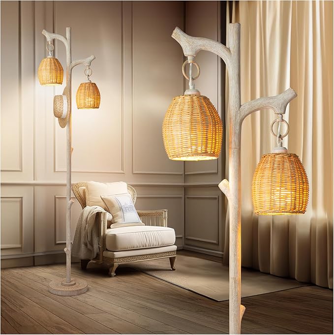 Scenekoy 68" High Farmhouse Rustic Country Cottage Floor Lamp Tree Trunk Faux Wood Column White Washed Wicker Drum Shade Decor for Living Room Bedroom Reading Room