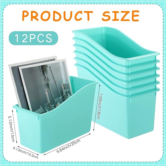 Fuutreo 12 Pieces Book Bins for Classroom Plastic Binder Holder Magazine Stuff Folder File Organizer Box for Home Office School Supplies(12 pcs,Water Blue)