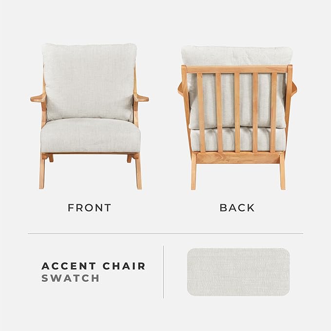 Lexicon Mid Century Modern Accent Chair, Natural Finish Solid Rubberwood Frame, Reversible Back Cushion, Woven Chenille Upholstered Reading Chair, for Living Room/Bedroom/Office, Beige