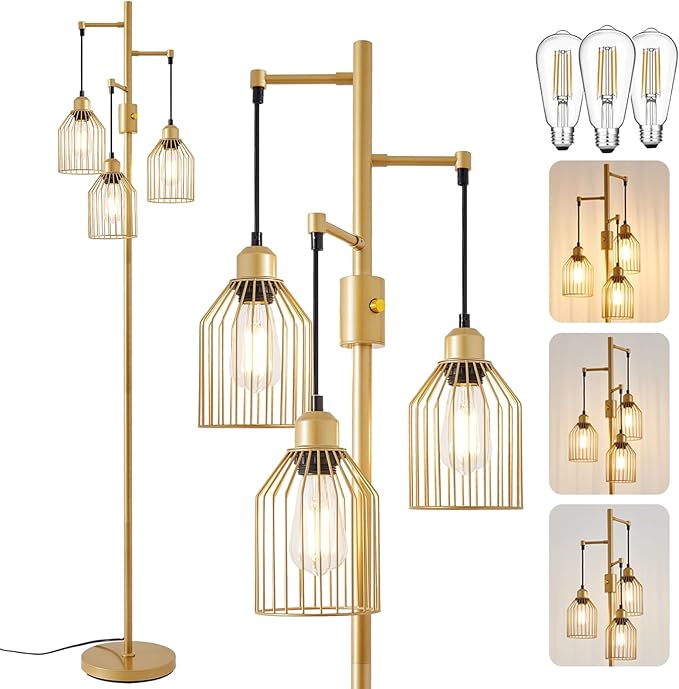 Dimmable Floor Lamp for Living Room, Farmhouse Floor Lamps with Elegant Hanging Cage, 3 x LED Edison Bulbs Included, 68.5" Industrial Standing Light for Bedroom Office Home Decor (Gold)