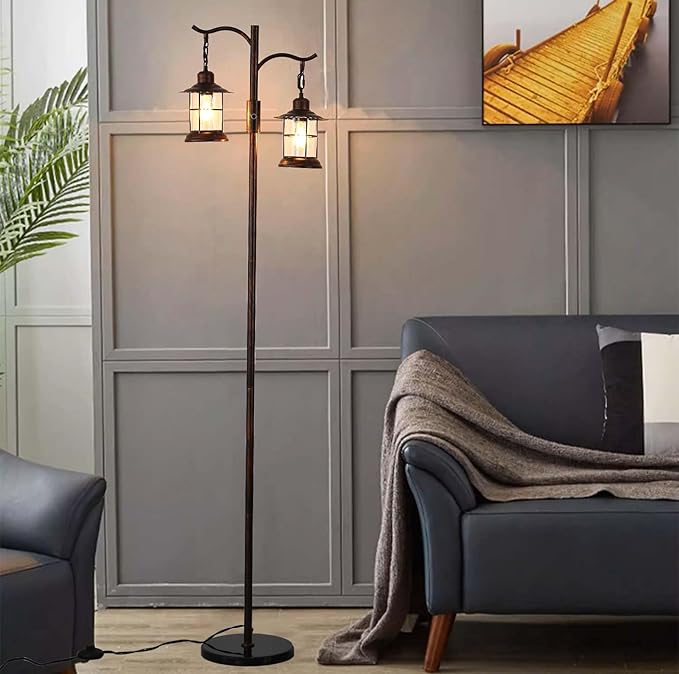 Industrial,Vintage Dimmable Floor Lamp,2 Classical Lanterns Standing Lamp, Rustic Farmhouse Floor Lamp with Bronze Gold Finish, for Living Room Bedroom (Red Copper-B-Style)