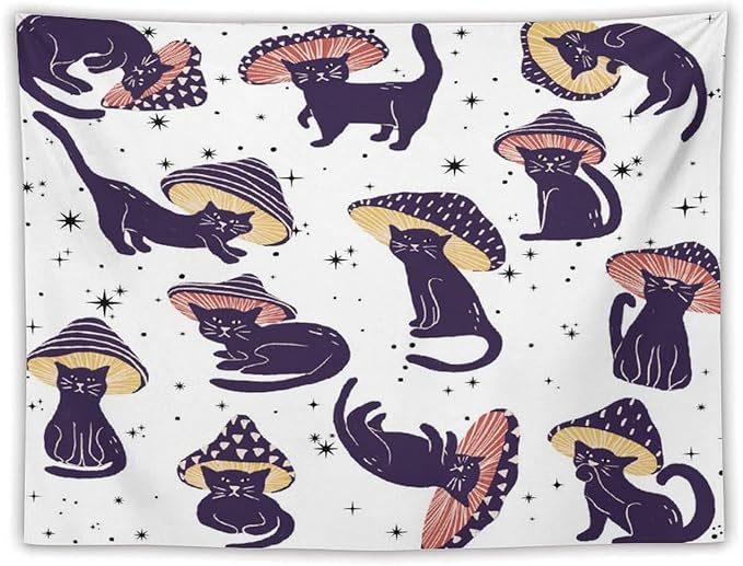 VUMIVI Funny Cat Mushroom Tapestry Retro 70s Hippie Style Cute Black Kitten Star Aesthetic Art Print Tapestry Wall Hanging for Living Room Bedroom Dorm Classroom Aesthetic Decor W80xL60in